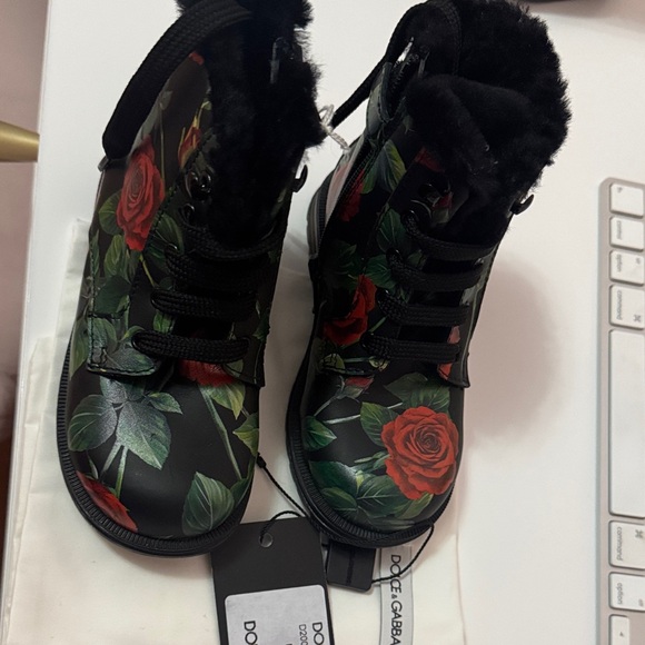 Dolce & Gabbana Black Boots with Red Floral Design